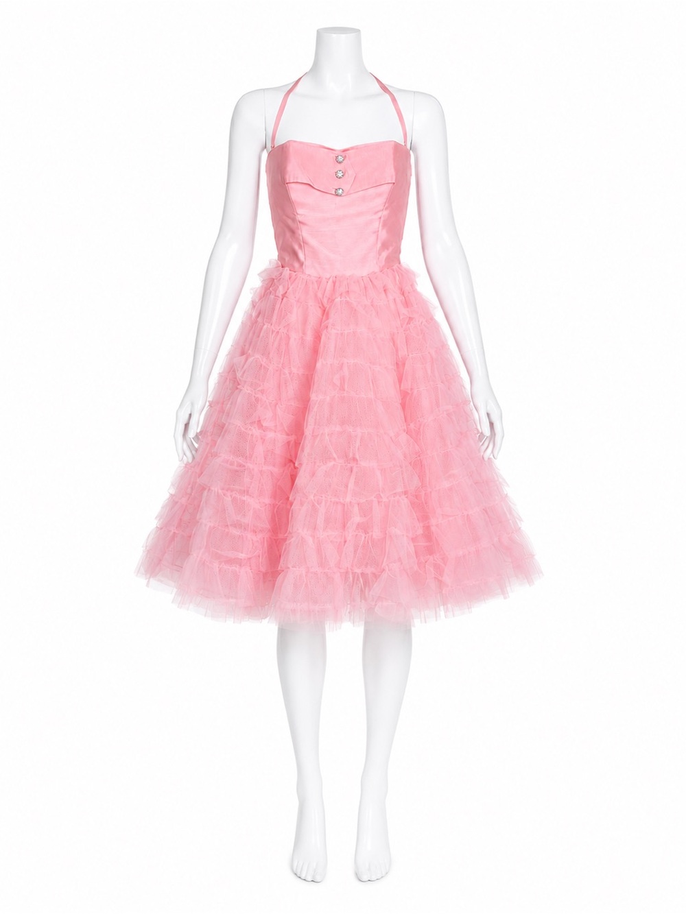 Betsey Johnson Pink Tulle Dress Flare Hem Halter Ruffle Skirt Evening Label Sz 8